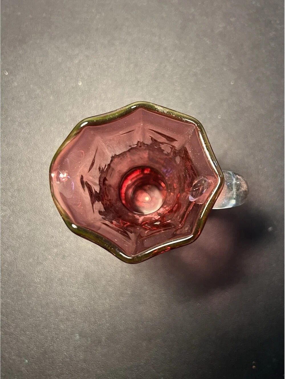 Pilgrim Glass 1970s Pitcher Hand-Blown Cranberry Glass Clear Handle, 3x5.5”